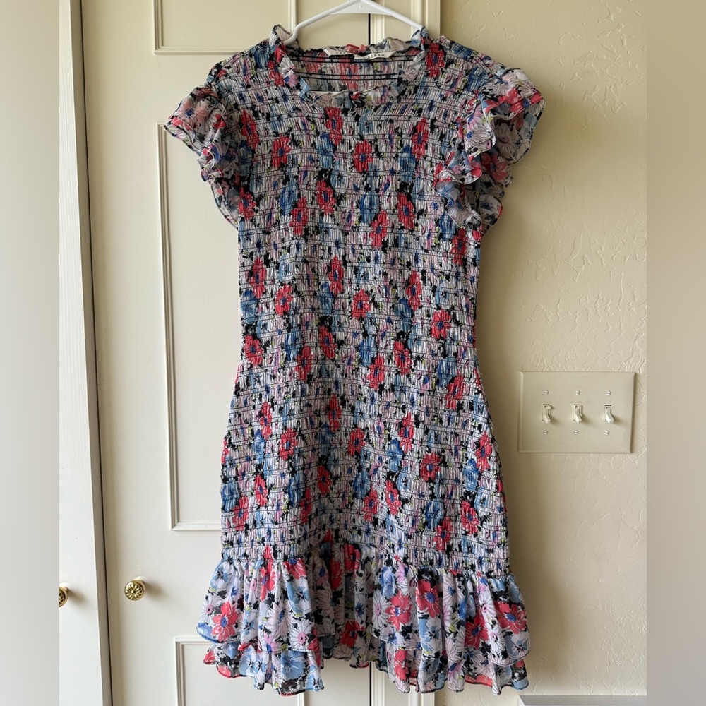Veronica Beard Cici Floral Printed Smocked Ruffle Flutter Sleeve Mini Dress 6 - Picture 3 of 7